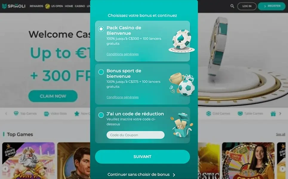 Choisissez le bonus de bienvenue Spinoli